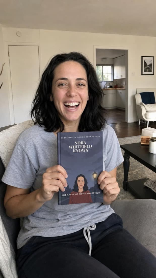 A woman laughing as she holds up her personalized novel, her portrait on the cover
