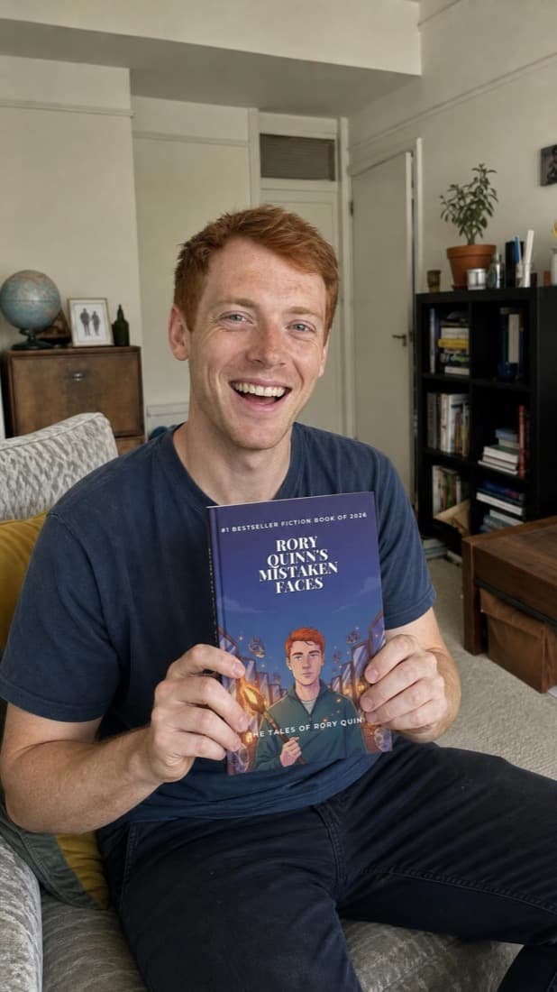 A man laughing as he holds up his personalized novel, his portrait on the cover