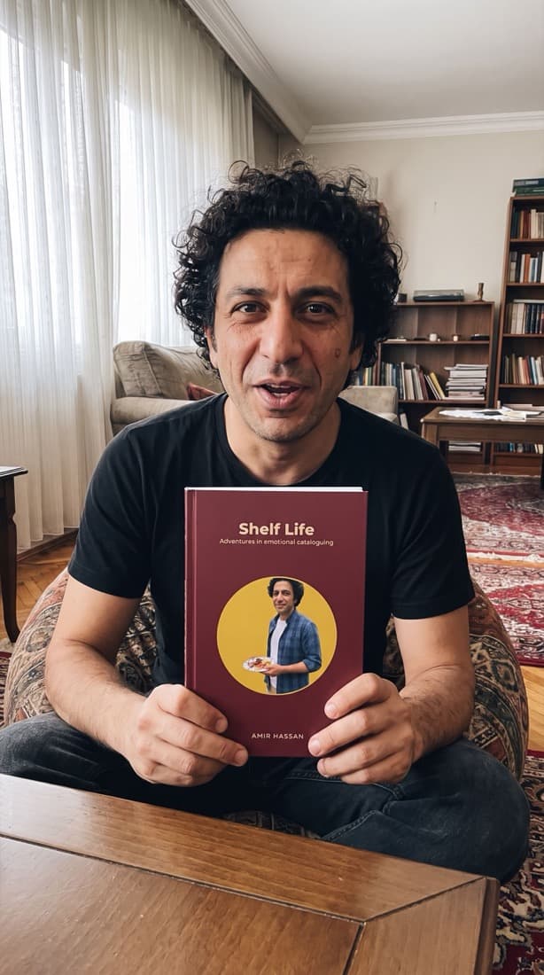 A man holding up his personalized book, his portrait on the cover