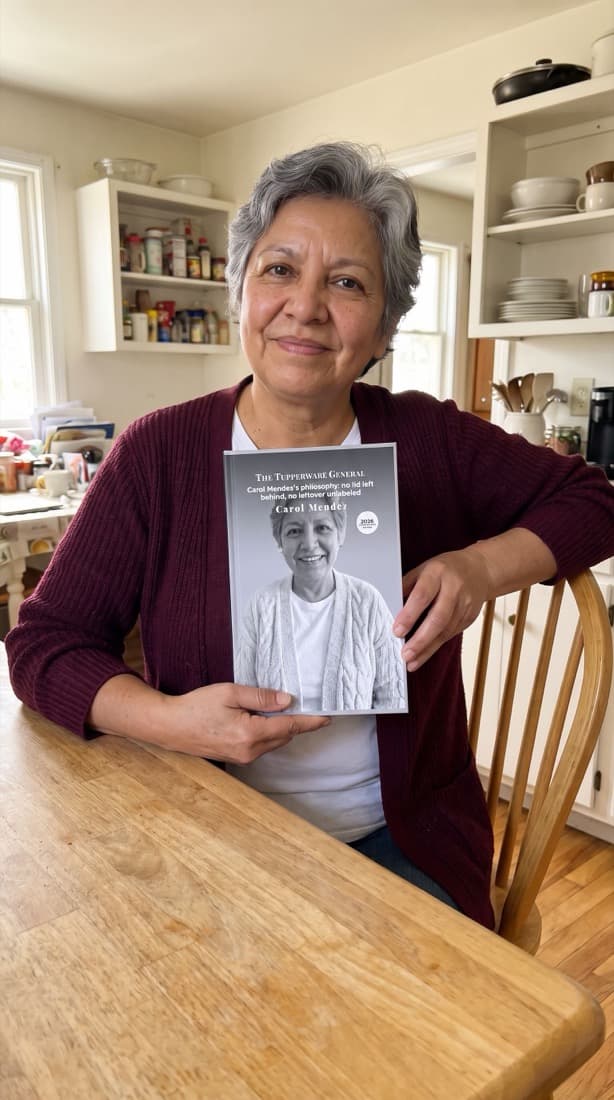 A woman holding up a personalized book with her mother on the cover